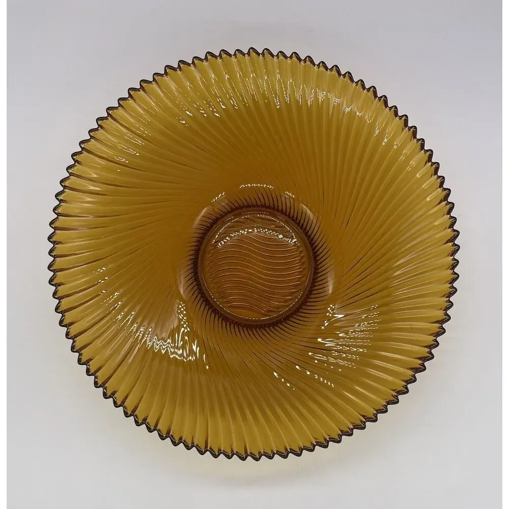 Vintage Large Amber Glass Optic Swirl Ribbed Bowl 11.5” France